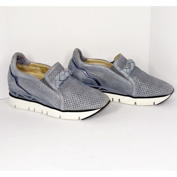 Softwaves Suede Platform Sneaker Loafer Dusty Blue Metallic Perforated 37/6.5 - Picture 2 of 16